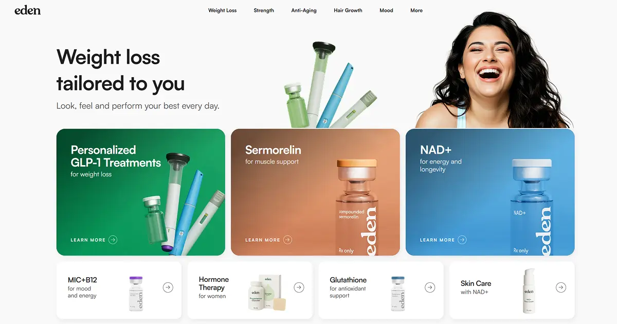 TryEden review - Eden telehealth homepage showing personalized GLP‑1 treatments and other wellness therapies