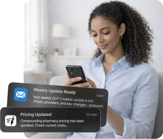 Woman checking GLP‑1 price alert and provider update notifications on her phone