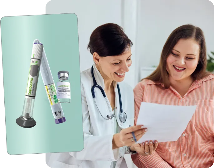 Zepbound single-dose pen, KwikPen and vial beside a doctor reviewing a treatment plan with a smiling patient