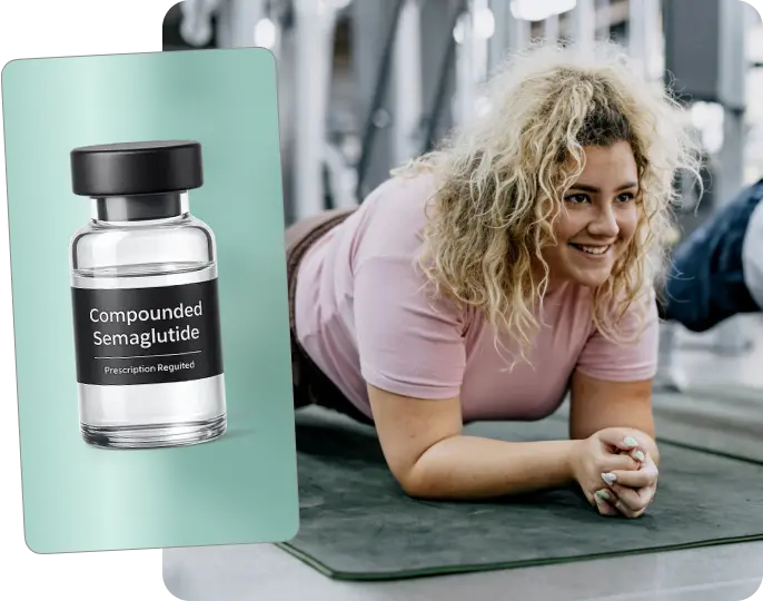 Vial labeled compounded semaglutide beside a smiling woman holding a plank on a gym mat