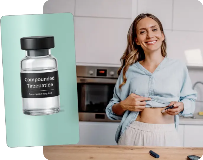Vial labeled compounded tirzepatide beside a smiling woman preparing a self-injection in her kitchen