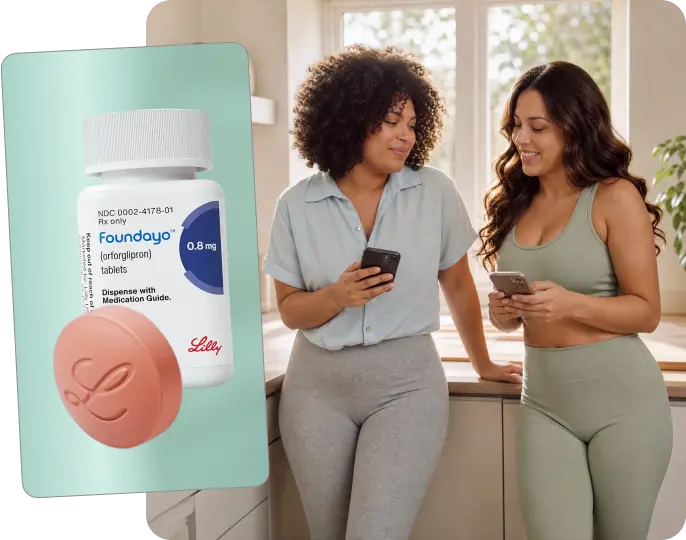 Foundayo (orforglipron) 0.8 mg bottle and tablet beside two women looking at their phones in a kitchen