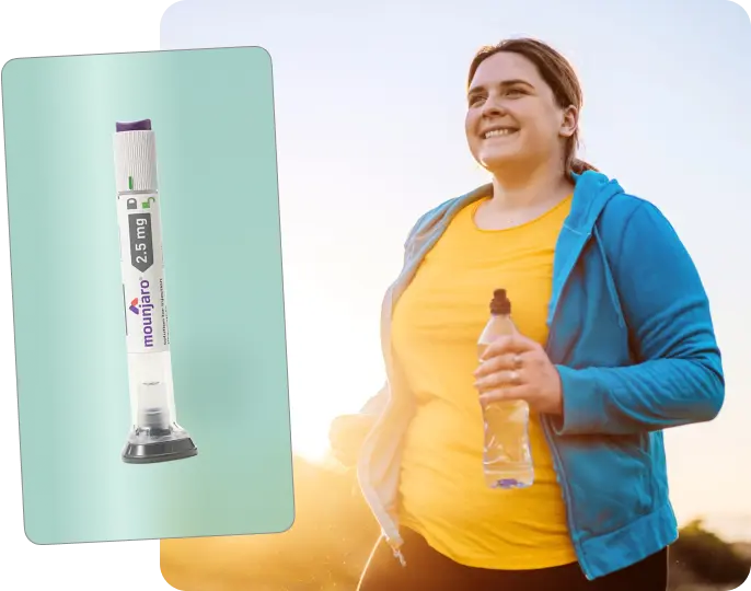 Mounjaro 2.5 mg pen beside a smiling woman holding a water bottle on an outdoor walk
