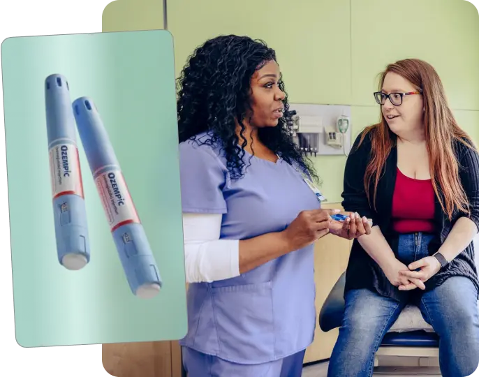Two Ozempic pens beside a nurse talking with a patient in an exam room
