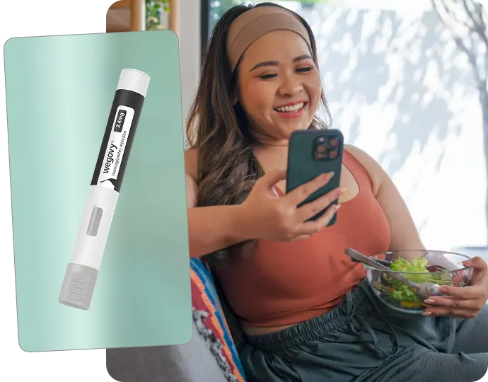 Wegovy 2.4 mg pen beside a smiling woman checking her phone while eating a salad