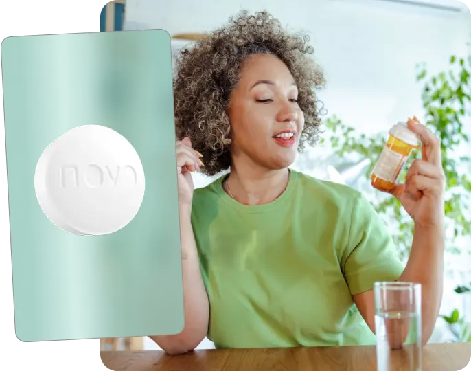 Wegovy pill, a white semaglutide tablet, beside a woman holding a prescription bottle next to a glass of water